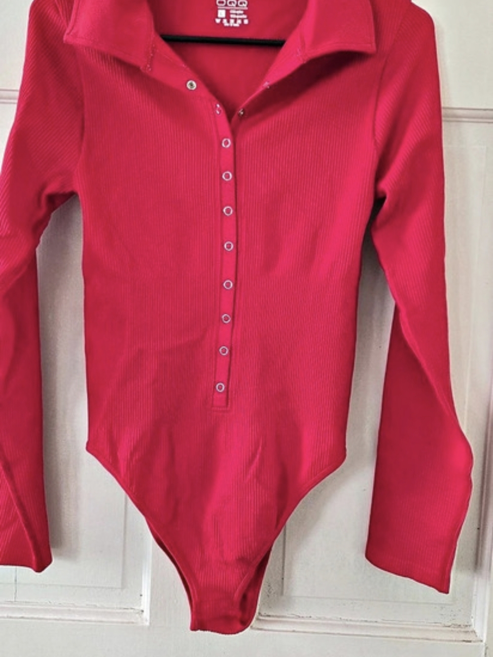 OQQ Ribbed Long Sleeve Polo Bodysuit Red Large